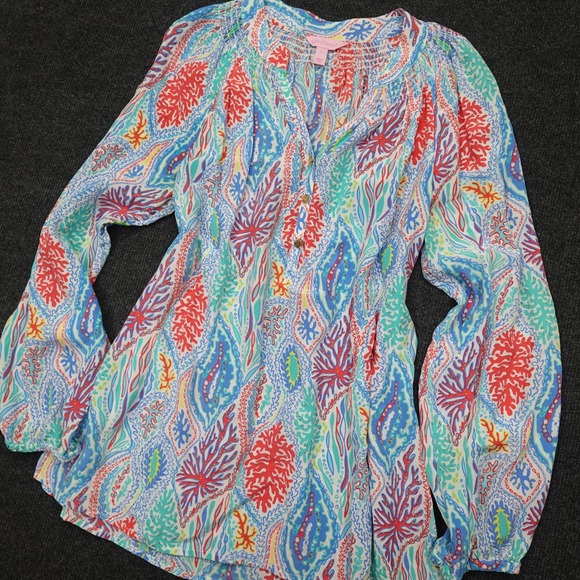 Lilly Pulitzer Tops - Lilly Pulitzer Blouse Coral Reef Silk Preppy Women Size L Blue